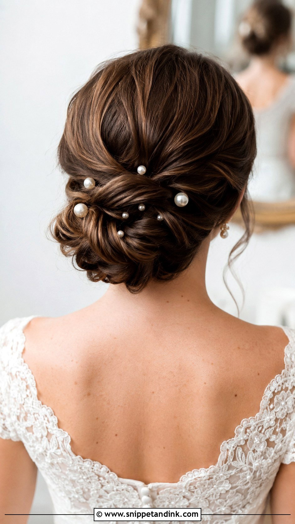 Twisted Low Bun With Pearl Pins - Snippet and Ink - 25 Low Bun Wedding Hair Front View Ideas