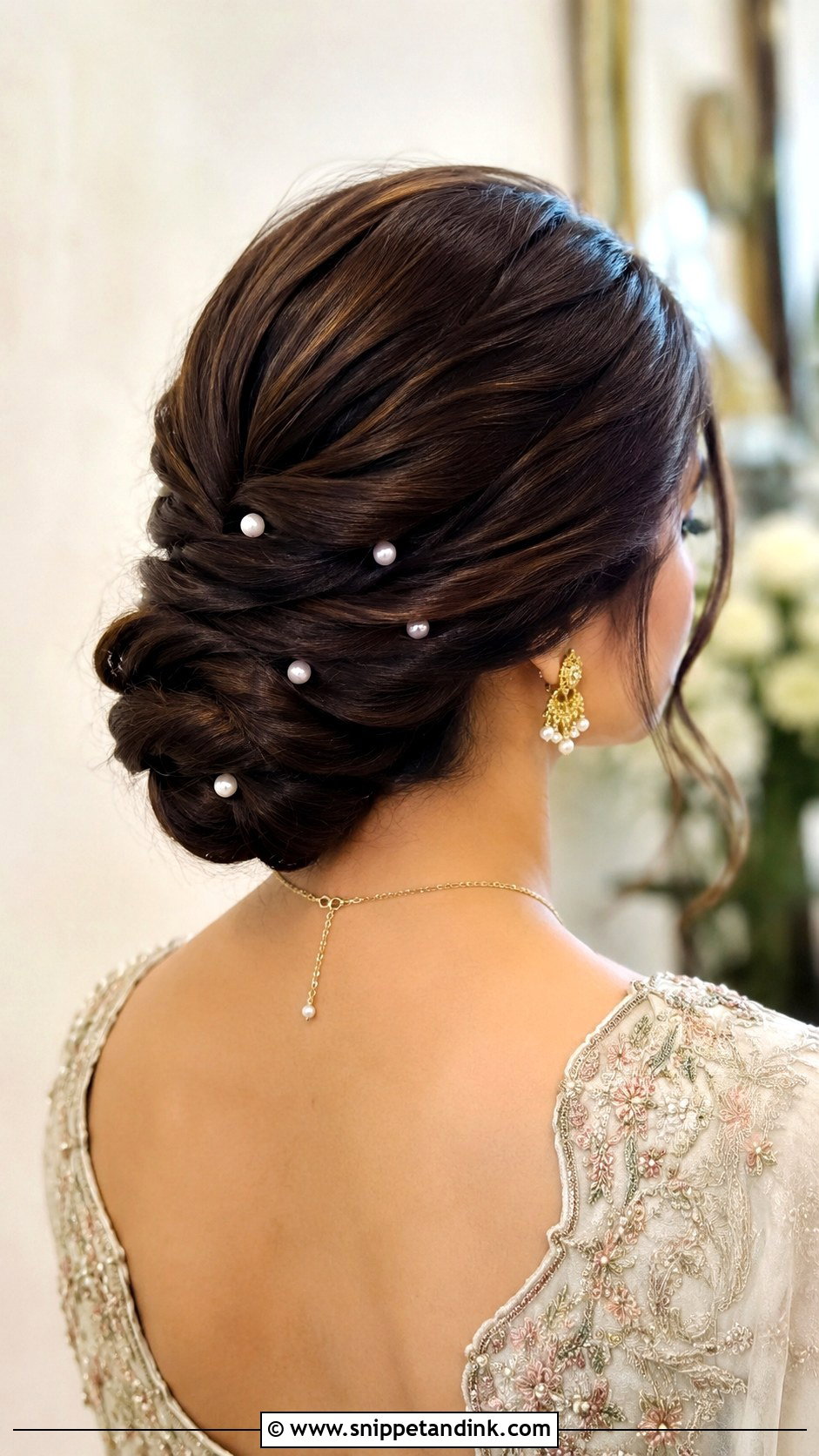 Twisted Low Bun With Pearls - Snippet and Ink - 25 Pakistani Wedding Hairstyles