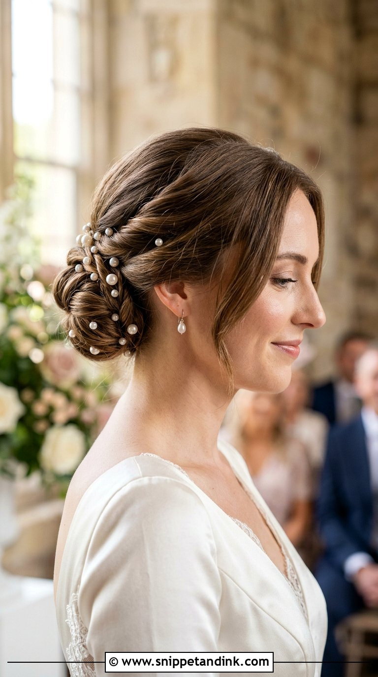 Twisted Low Bun With Pearls - Snippet and Ink - 20 Bridal Wedding Hair Updo Ideas