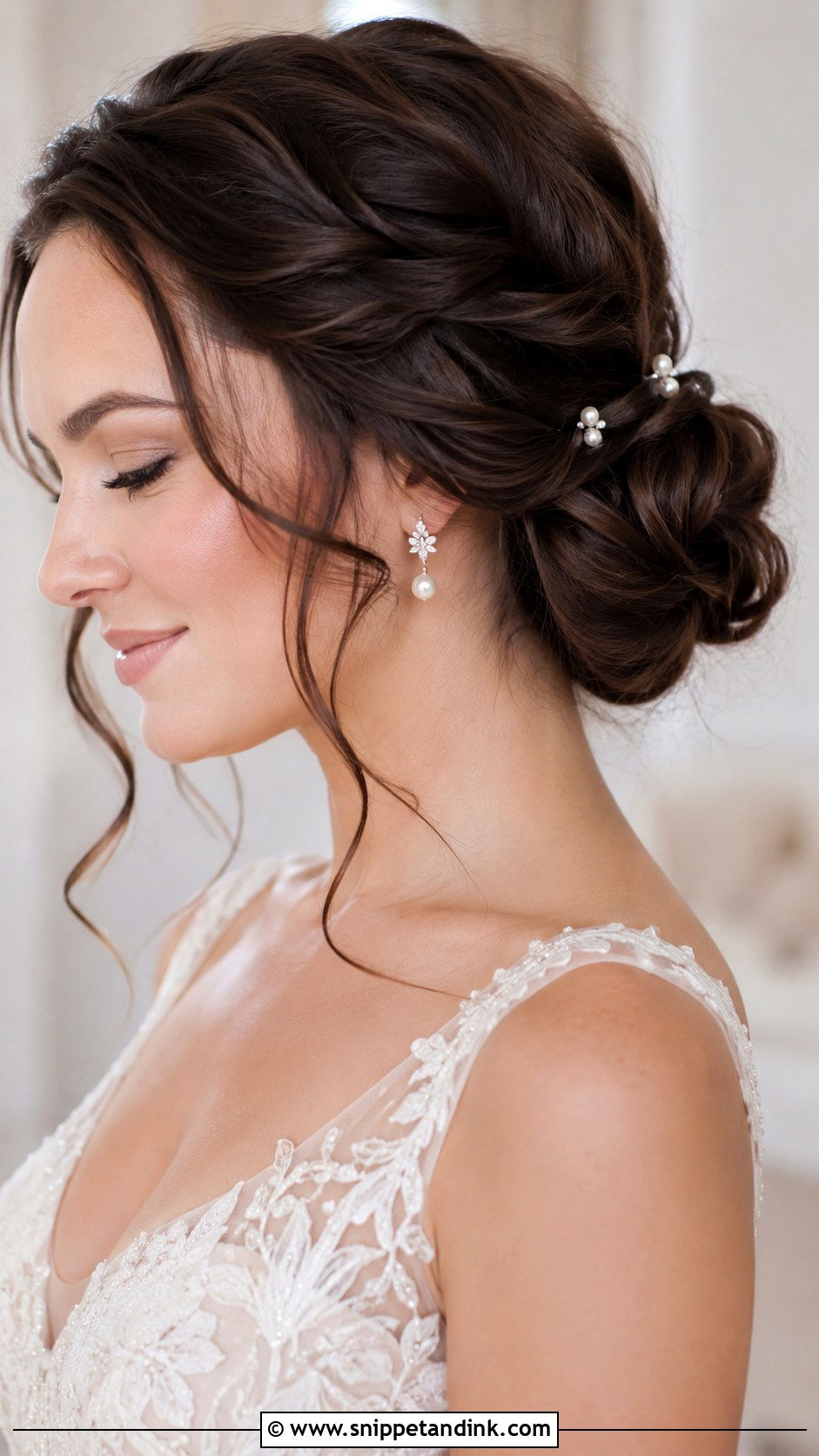 Twisted Low Bun With Tendrils - Snippet and Ink - 20 Brunette Bride Hairstyles