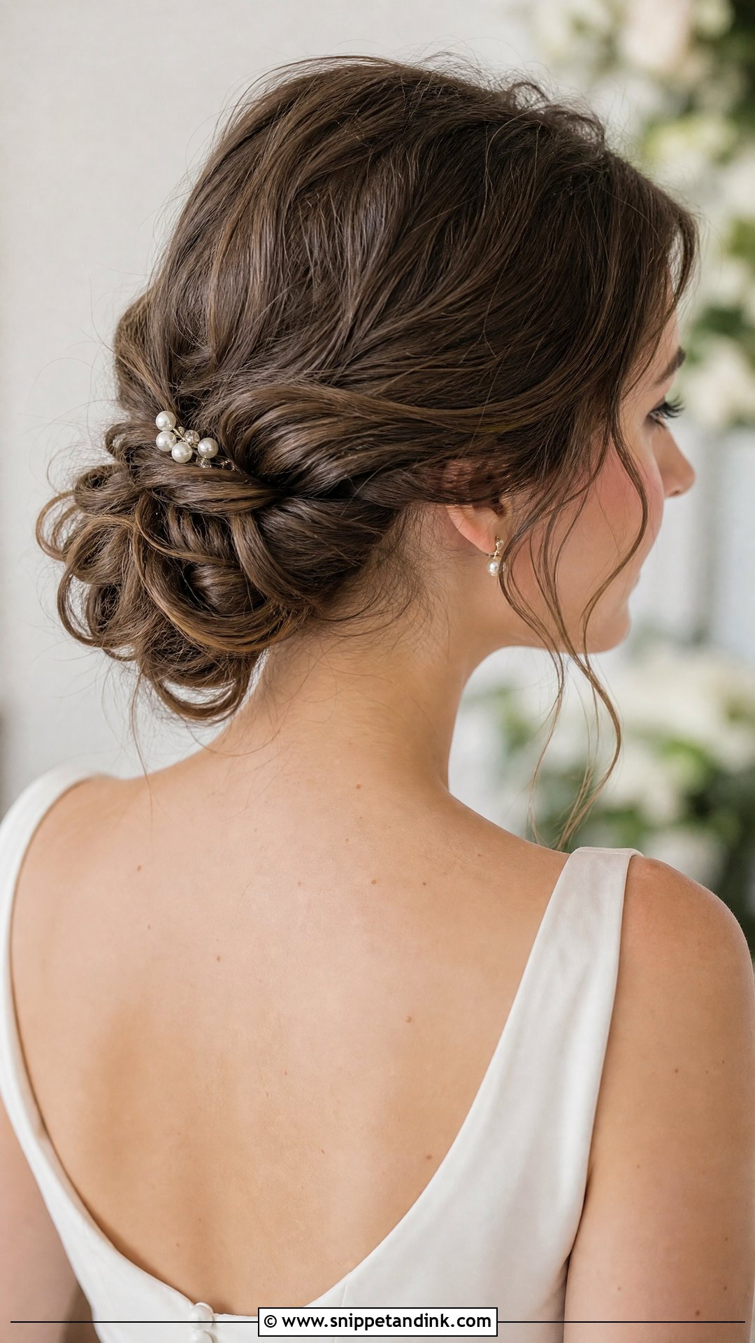 Twisted Low Bun With Tendrils - Snippet and Ink - 20 Wedding Hair Brown Ideas