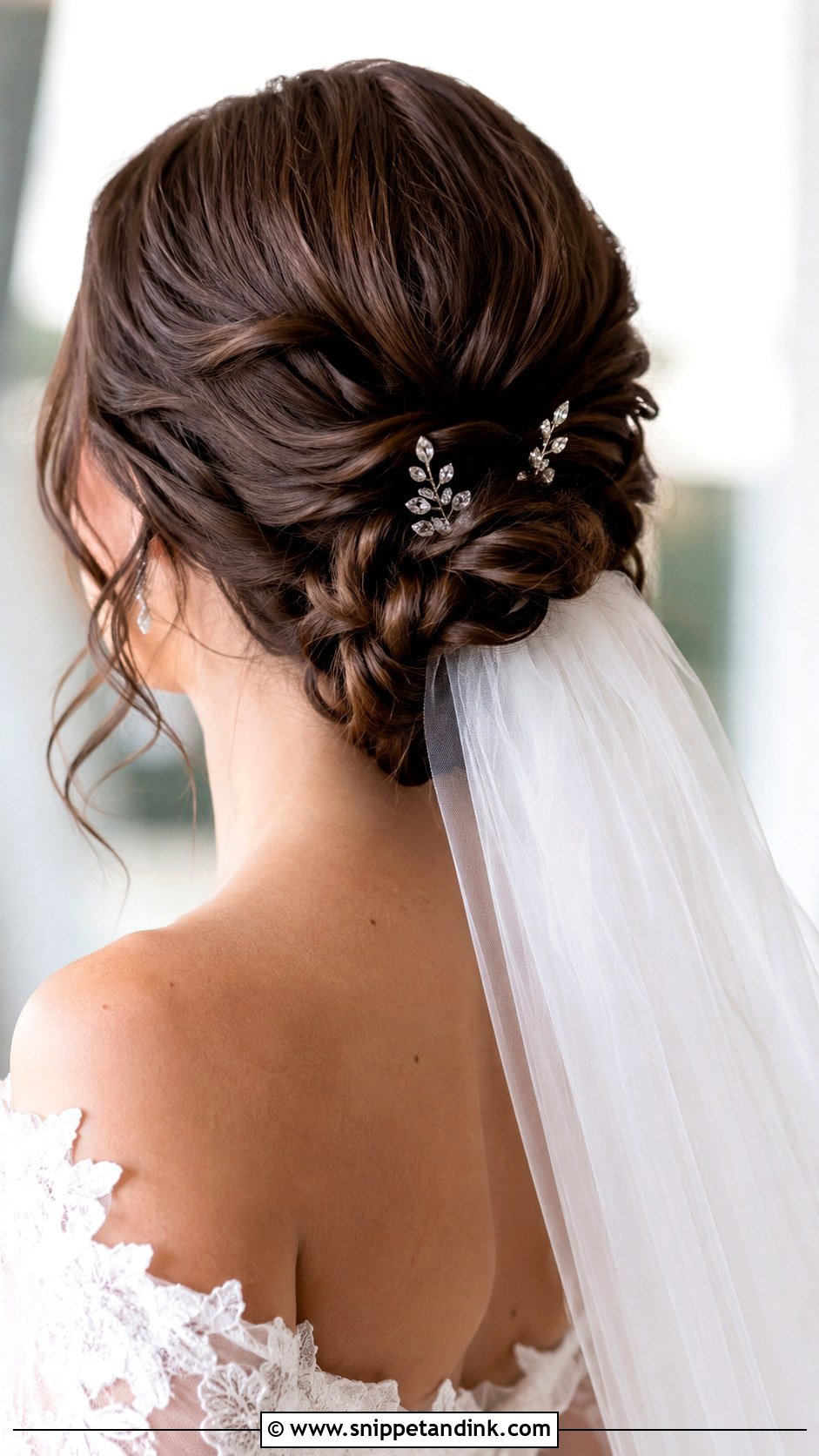 Twisted Low Bun With a Veil - Snippet and Ink - 25 Wedding Hair Brunette Ideas