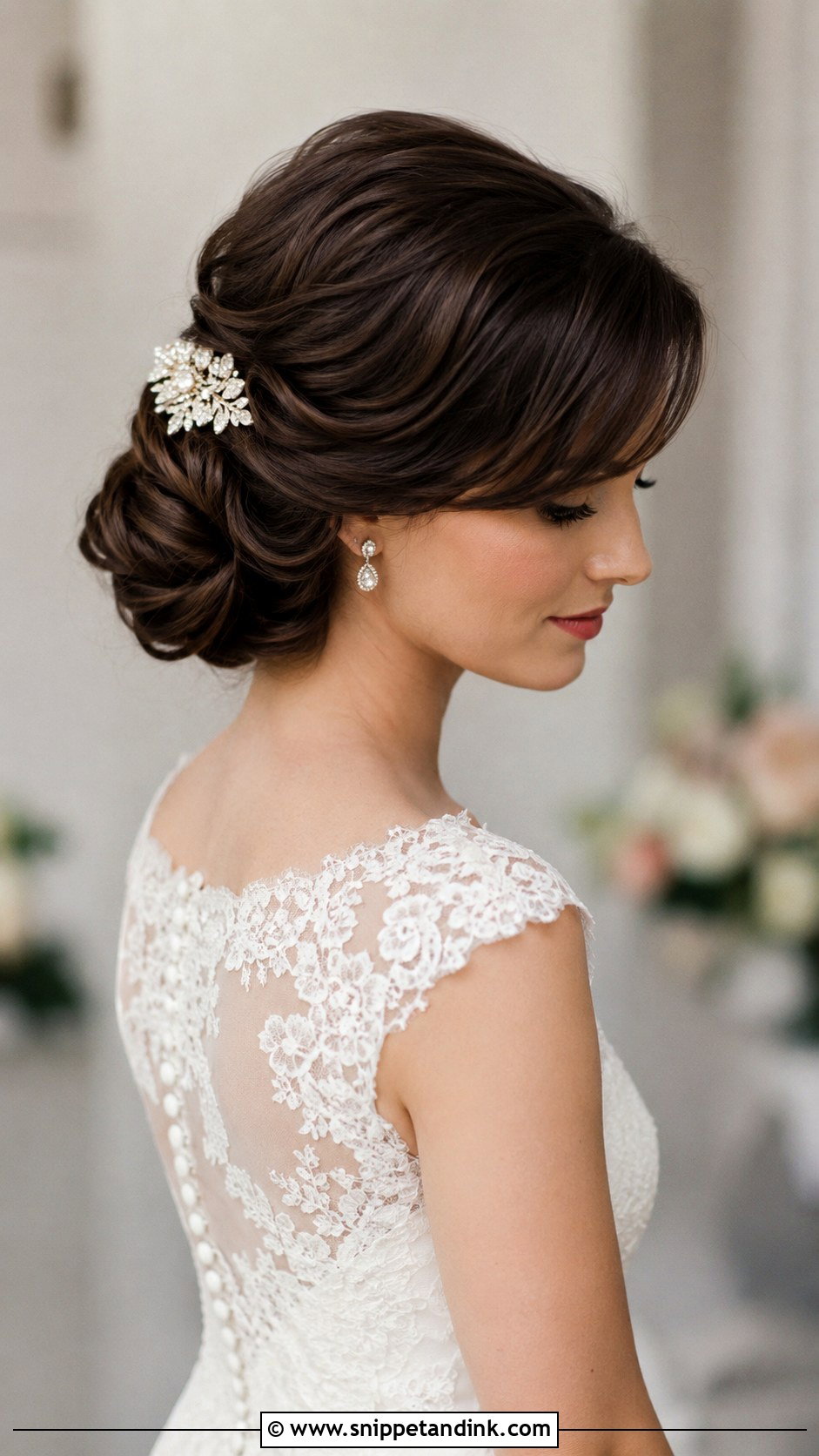 Twisted Low Chignon With Side Bangs - Snippet and Ink - 25 Bridal Hair for Round Face Ideas
