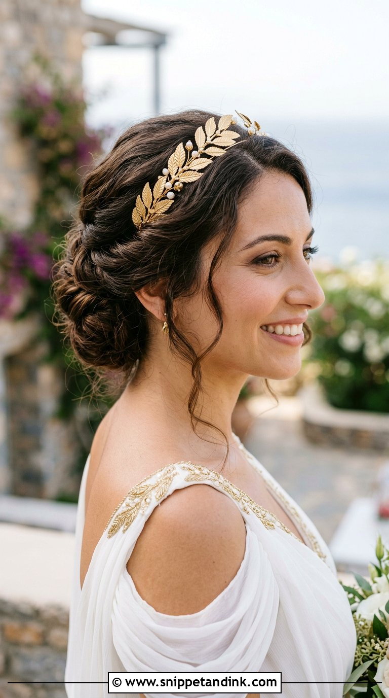 Twisted Low Updo With Gold Leaf Headband - Snippet and Ink - 20 Bridal Hair with Headband Ideas