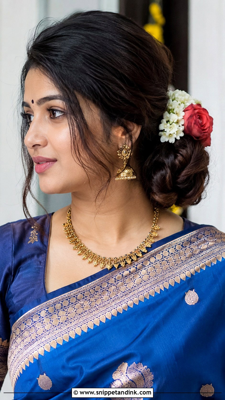 Twisted Side Bun With Flowers - Snippet and Ink - 20 Valaikappu Hairstyles