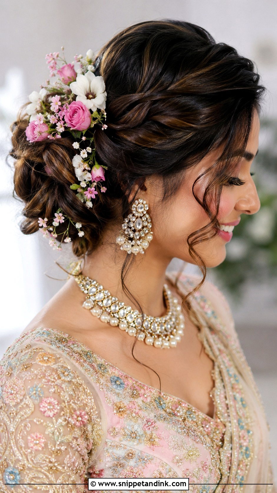 Twisted Side Bun With Fresh Flowers - Snippet and Ink - 25 Traditional Indian Weddings Bridal Hairstyles
