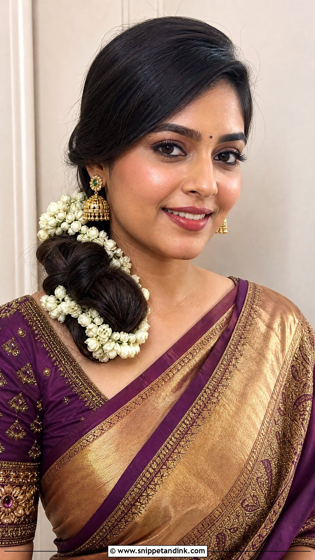 Twisted Side Bun With Gajra - Snippet and Ink - 20 Indian Hairstyle for Wedding Guest Ideas