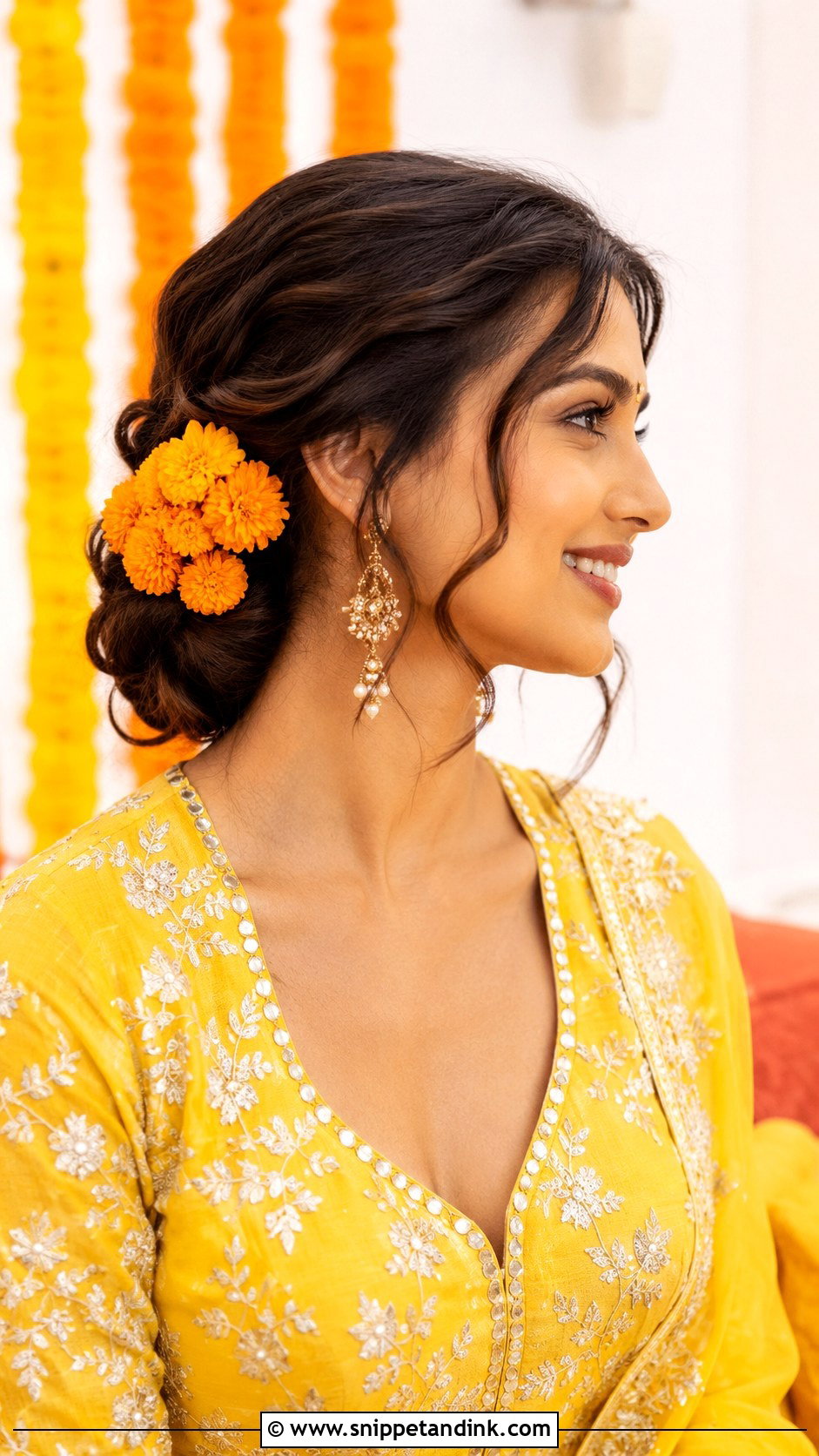 Twisted Side Bun With Marigolds - Snippet and Ink - 25 Haldi Ceremony Hairstyle for Bride Ideas