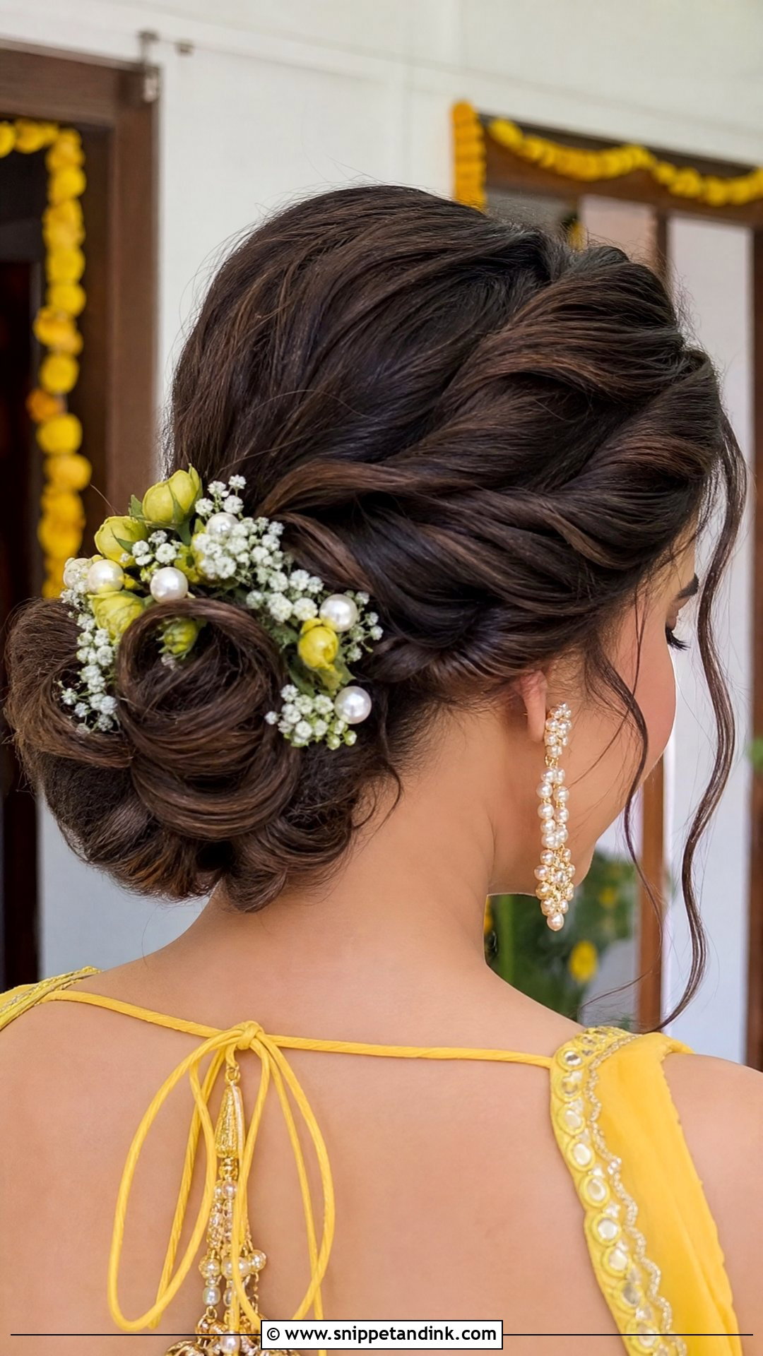 Twisted Side Bun With Pearls - Snippet and Ink - 20 Hairstyle for Haldi Bride Ideas