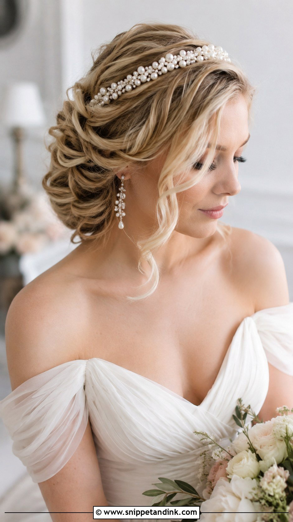 Twisted Side Updo With Pearl Headband - Snippet and Ink - 20 Bridal Updo with Headband Ideas