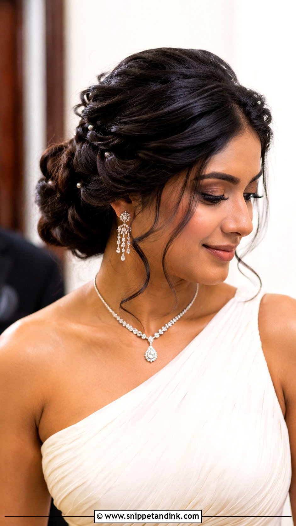 Twisted Updo For One Shoulder Dress - Snippet and Ink - 15 Wedding Hairstyles for One Shoulder Dress