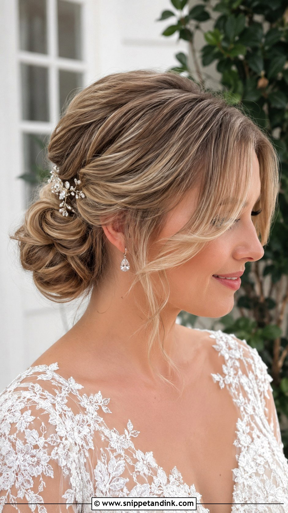 Twisted Updo With Curtain Bangs - Snippet and Ink - 20 Bridal Hair with Curtain Bangs