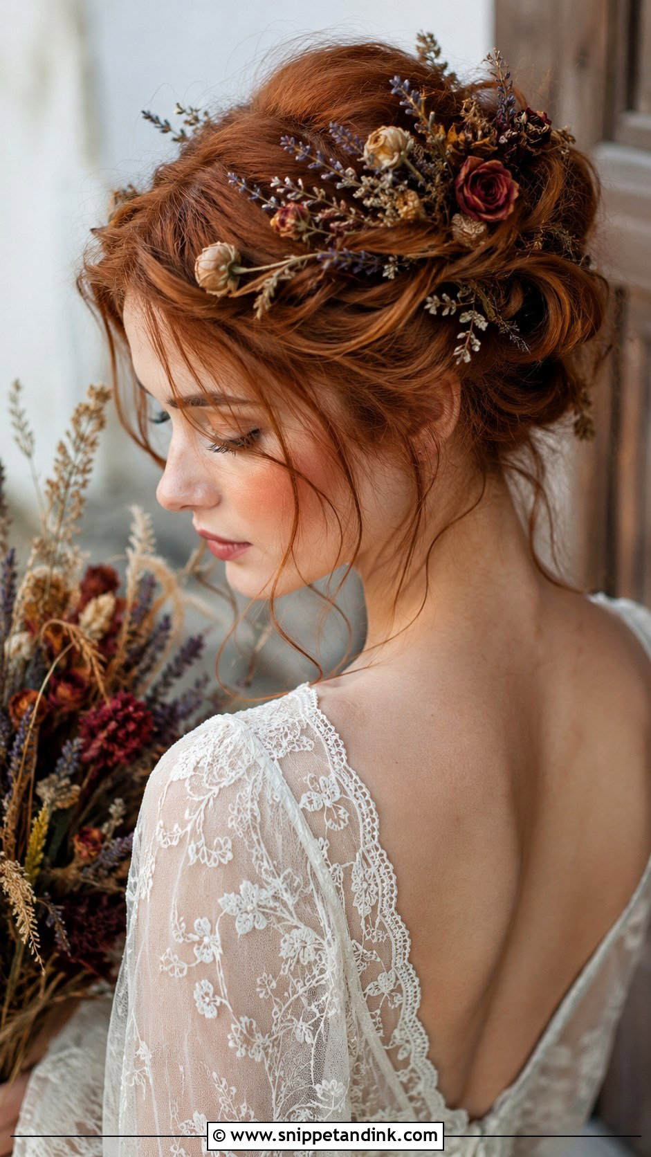 Twisted Updo With Dried Blooms - Snippet and Ink - 20 Bridal Hair with Flower Crown Ideas