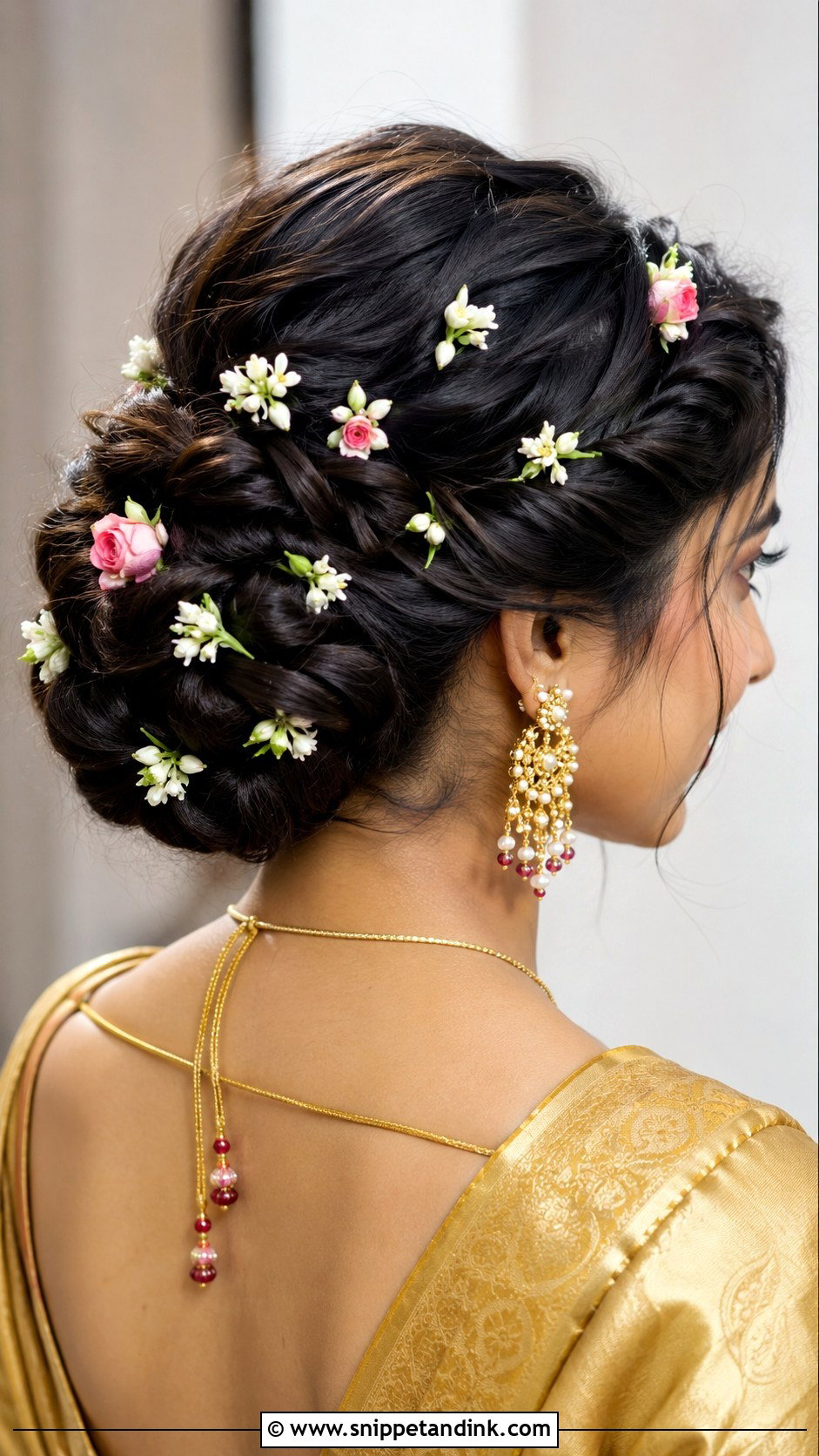 Twisted Updo With Floral Accents - Snippet and Ink - 20 Valaikappu Hairstyles