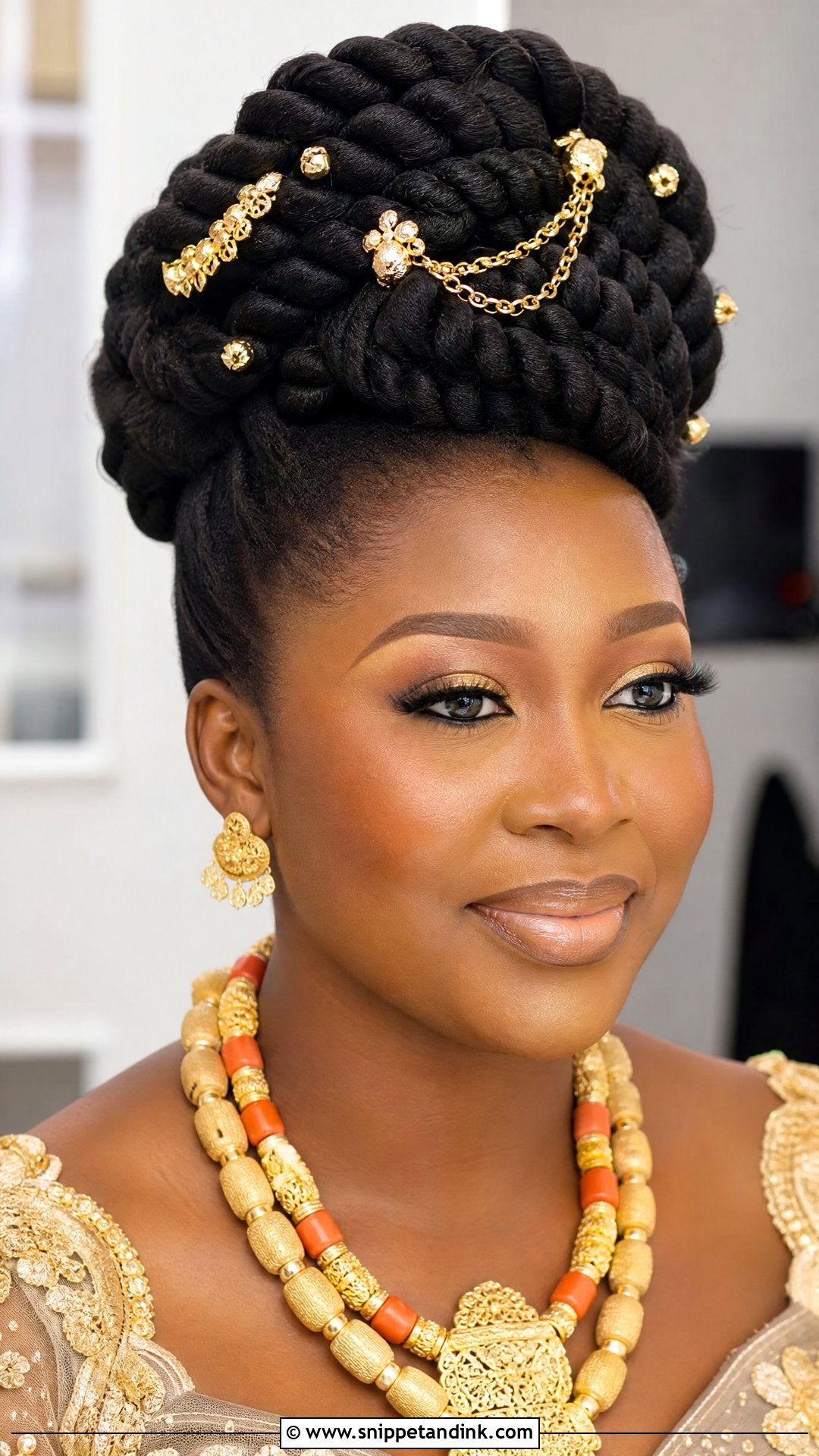 Twisted Updo With Gold Accessories - Snippet and Ink - 20 Nigerian Bridal Hairstyles