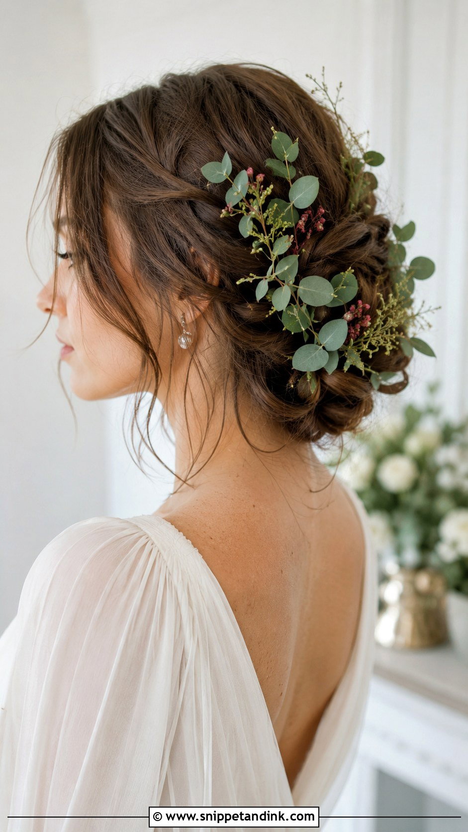 Twisted Updo With Greenery and Buds - Snippet and Ink - 25 Wedding Hair with Flowers