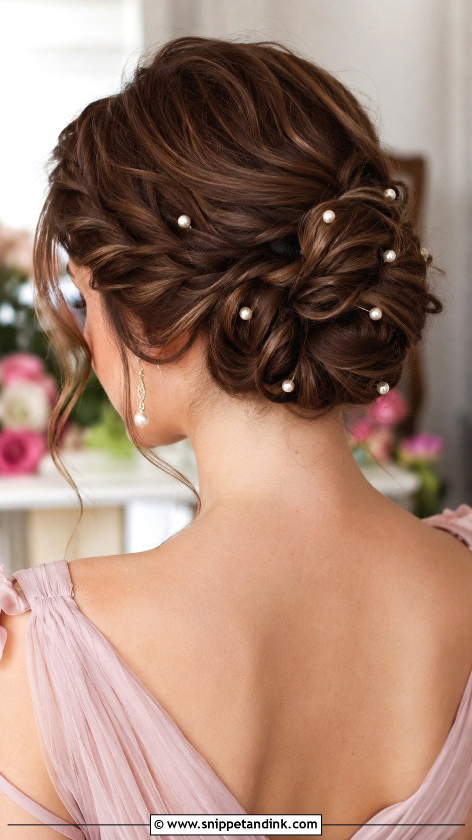 Twisted Updo With Pearl Pins - Snippet and Ink - 20 Upstyles for Medium Hair Wedding Guest Ideas