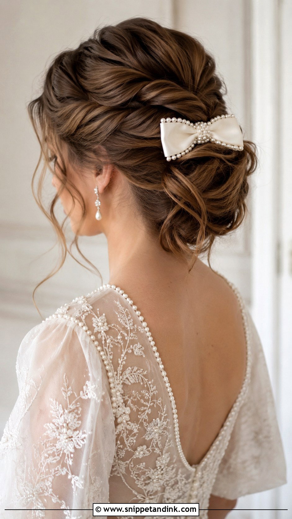Twisted Updo With Pearl Trimmed Bow - Snippet and Ink - 25 Wedding Hair Bow Ideas