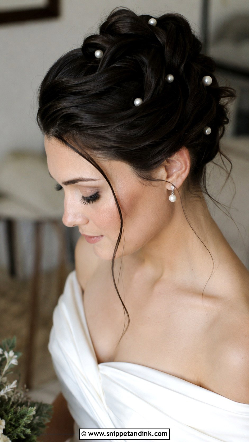Twisted Updo With Pearls - Snippet and Ink - 20 Wedding Hair Ideas for Medium Length