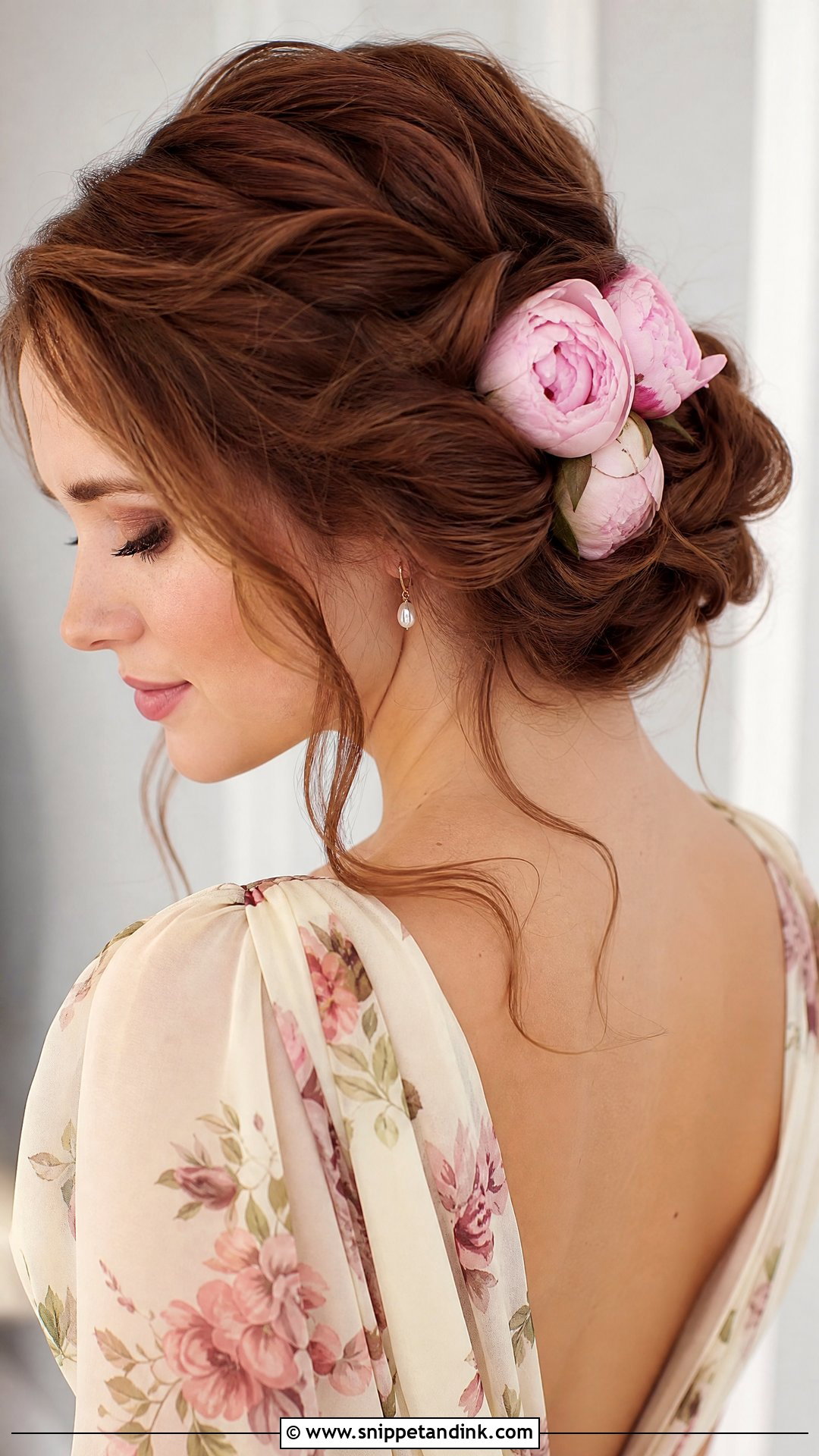 Twisted Updo With Pink Peonies - Snippet and Ink - 20 Floral Updo Ideas