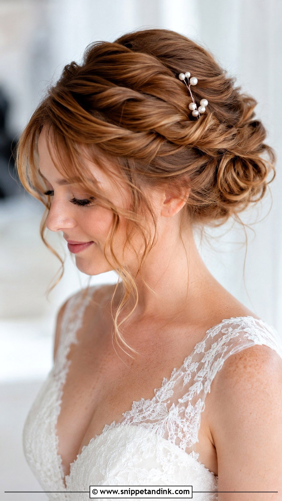 Twisted Updo With Wispy Curtain Bangs - Snippet and Ink - 20 Wedding Updo with Bangs Ideas