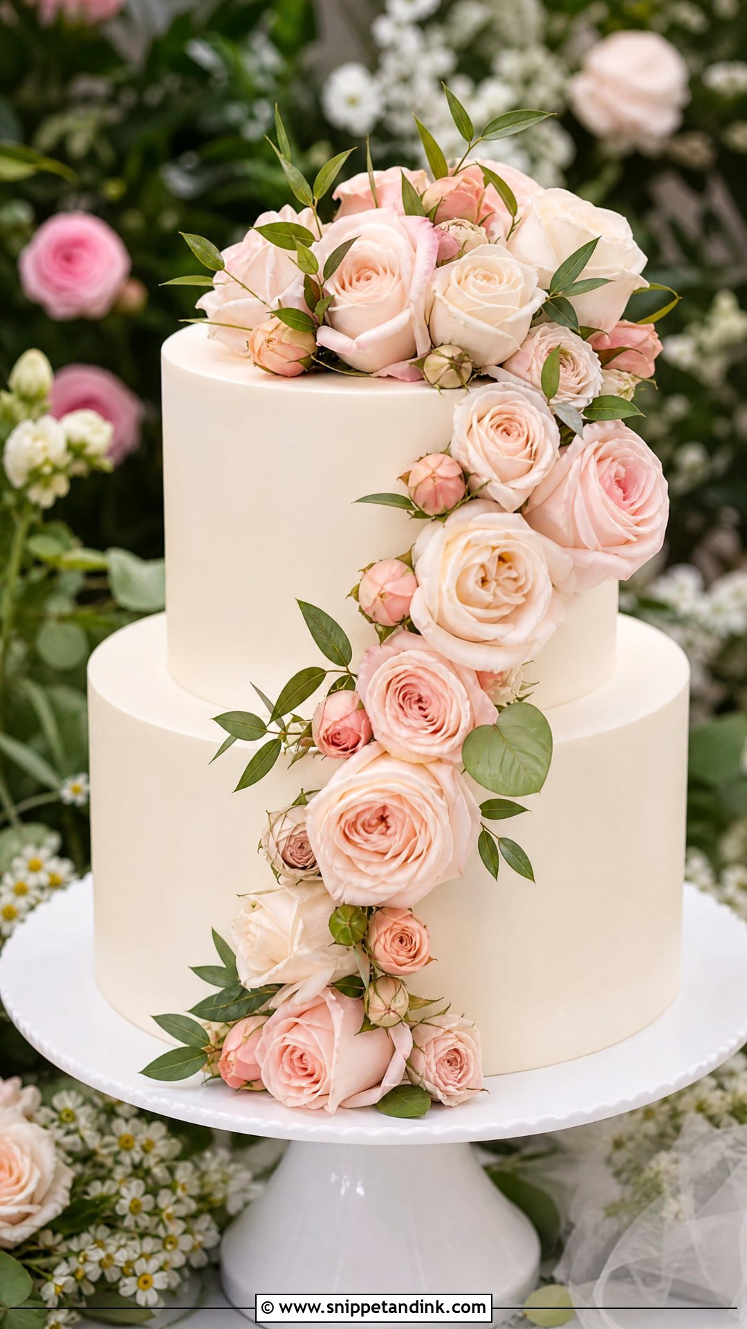Two Step Wedding Cake With Cascading Roses - Snippet and Ink - 20 Two Step Cake Design Ideas for Wedding