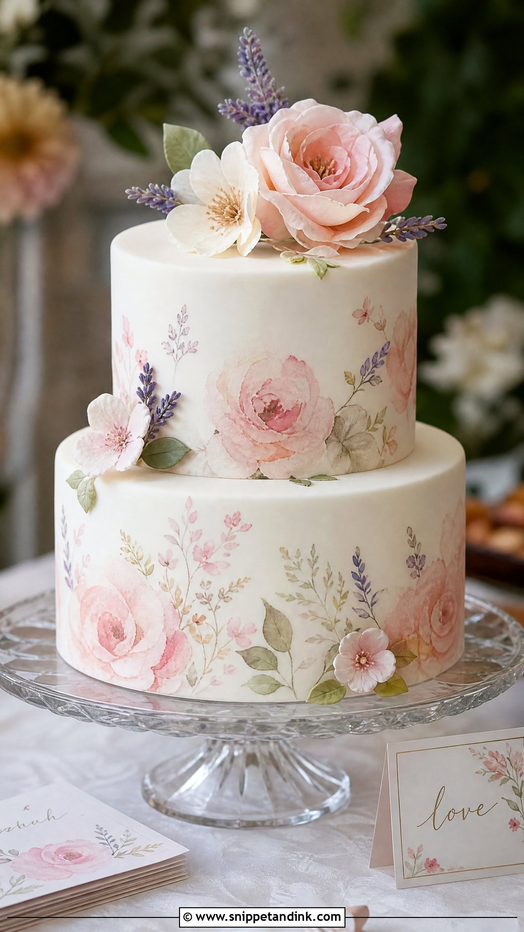 Two Step Wedding Cake With Floral Watercolor - Snippet and Ink - 20 Two Step Cake Design Ideas for Wedding