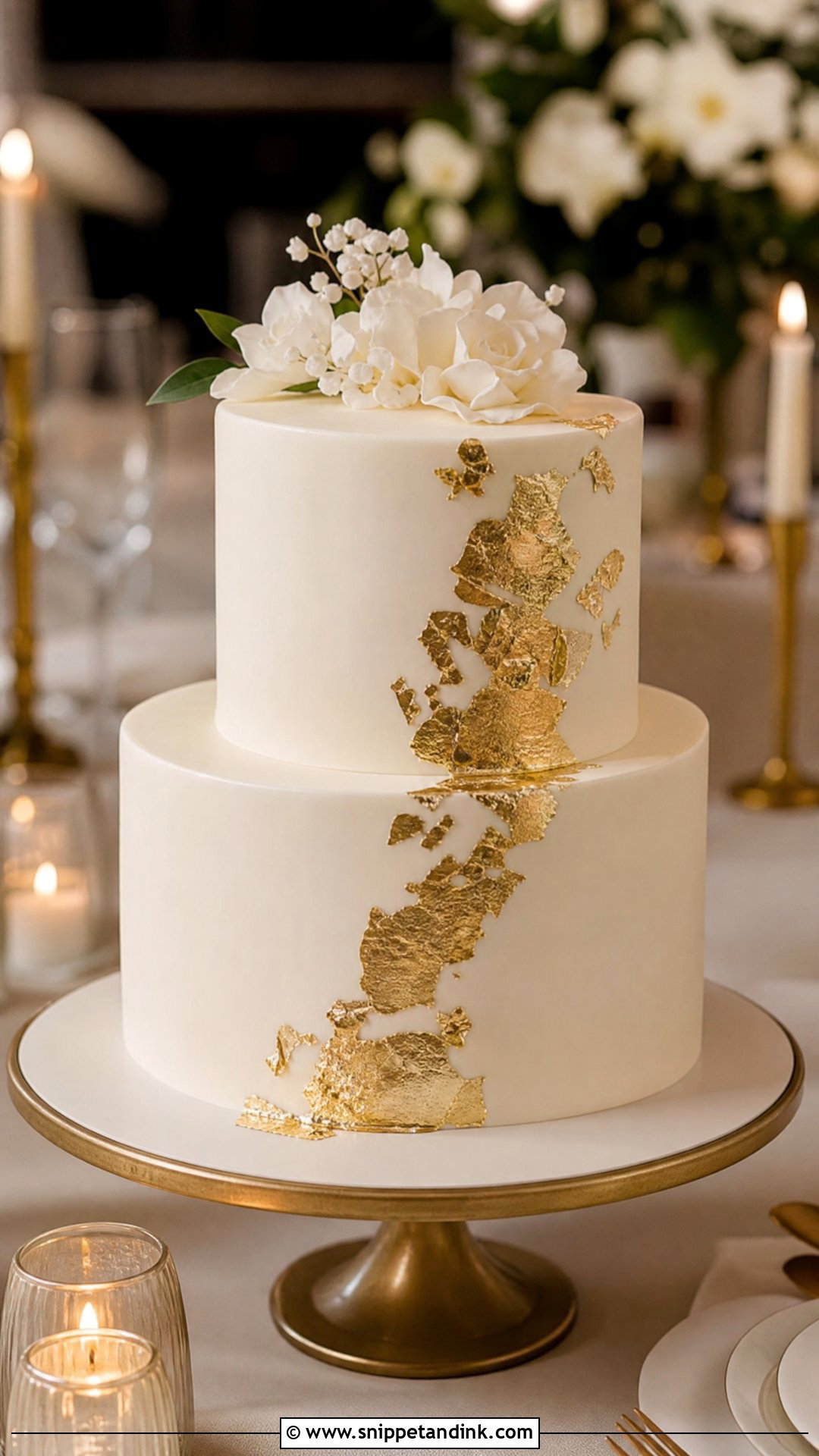 Two Step Wedding Cake With Gold Leaf - Snippet and Ink - 20 Two Step Cake Design Ideas for Wedding