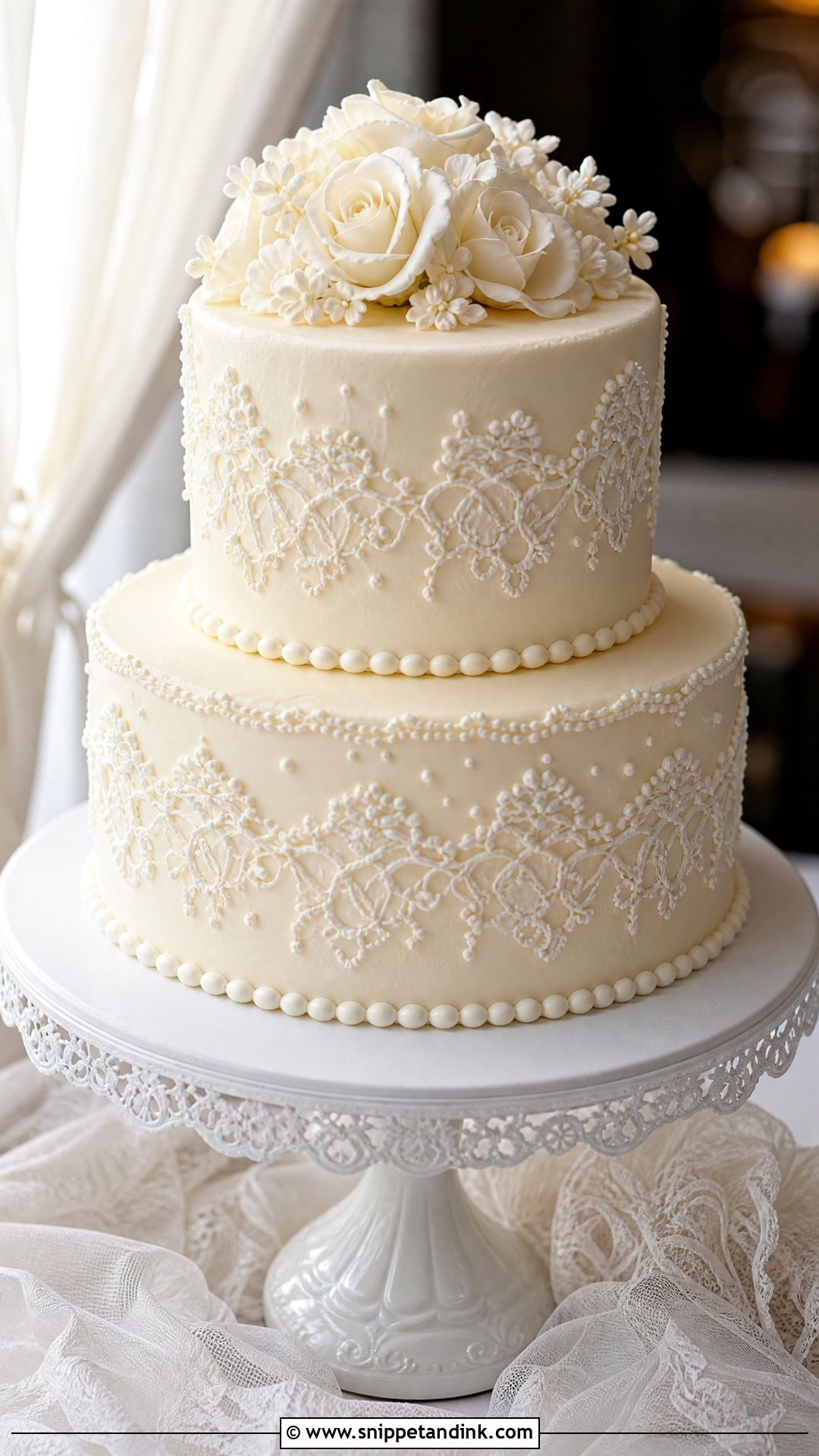 Two Step Wedding Cake With Lace Piping - Snippet and Ink - 20 Two Step Cake Design Ideas for Wedding