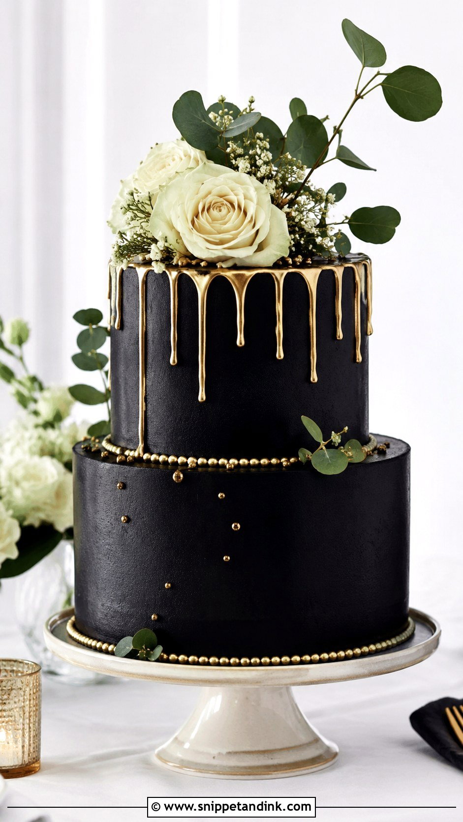 Two Tier Black Gold Drip Wedding Cake - Snippet and Ink - 20 Black and Gold Drip Cake Ideas for Wedding