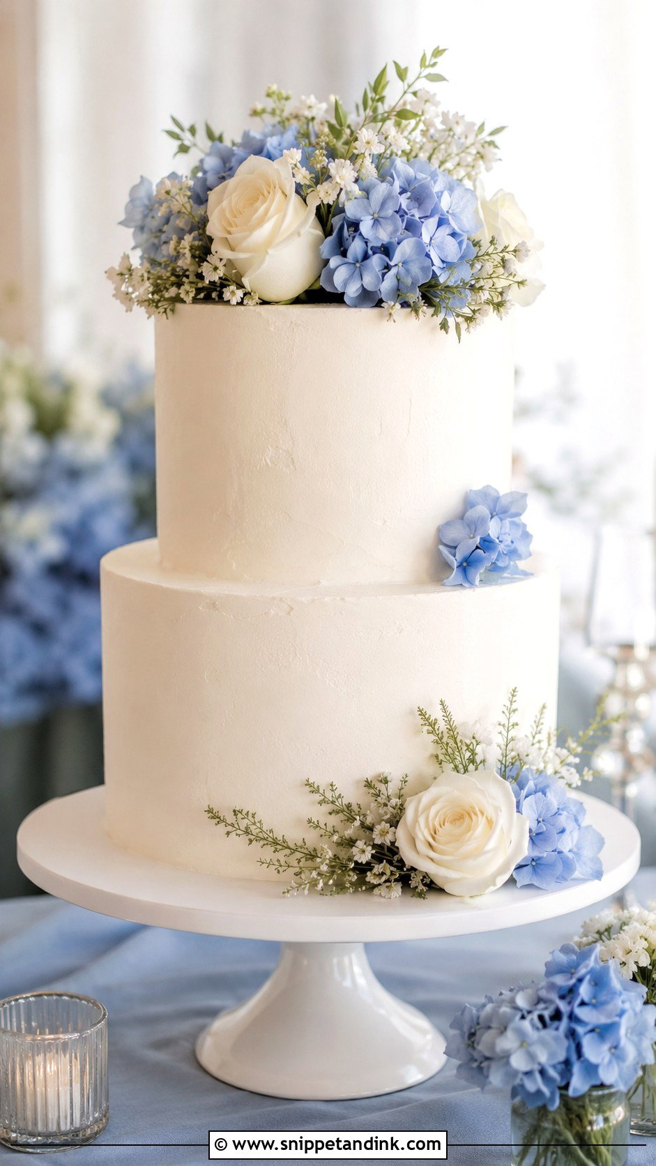 Two Tier Buttercream Wedding Cake With Blue Flowers - Snippet and Ink - 30 Simple Buttercream Two Tier Wedding Cake Ideas