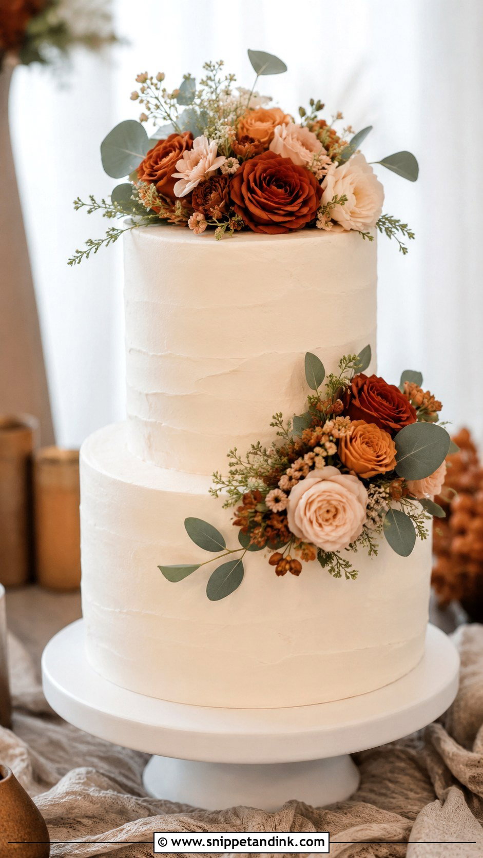 Two Tier Buttercream Wedding Cake With Blush Flowers - Snippet and Ink - 30 Simple Buttercream Two Tier Wedding Cake Ideas