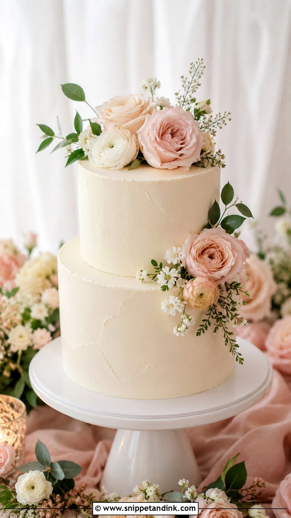 Two Tier Buttercream Wedding Cake With Floral Cascade - Snippet and Ink - 30 Simple Buttercream Two Tier Wedding Cake Ideas
