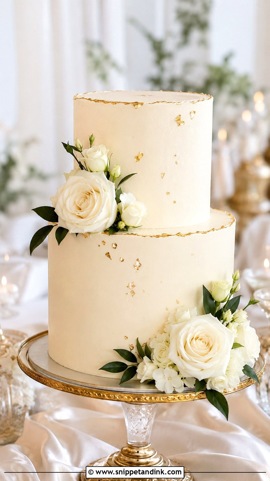 Two Tier Buttercream Wedding Cake With Gold Accents - Snippet and Ink - 30 Simple Buttercream Two Tier Wedding Cake Ideas