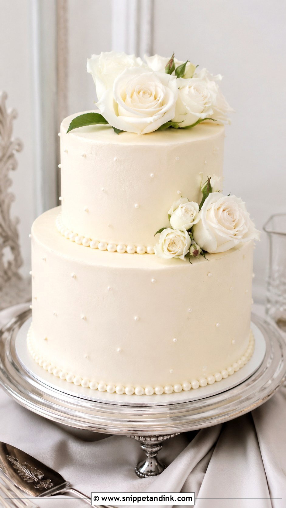 Two Tier Buttercream Wedding Cake With Pearl Border - Snippet and Ink - 30 Simple Buttercream Two Tier Wedding Cake Ideas