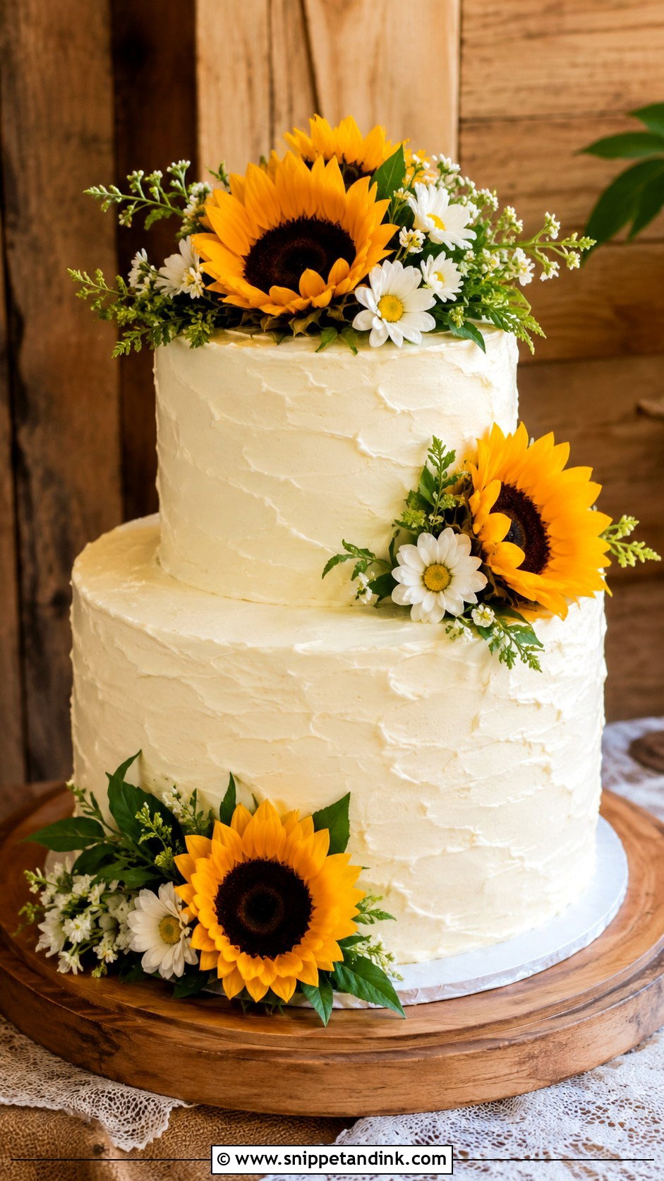 Two Tier Buttercream Wedding Cake With Sunflowers - Snippet and Ink - 30 Simple Buttercream Two Tier Wedding Cake Ideas
