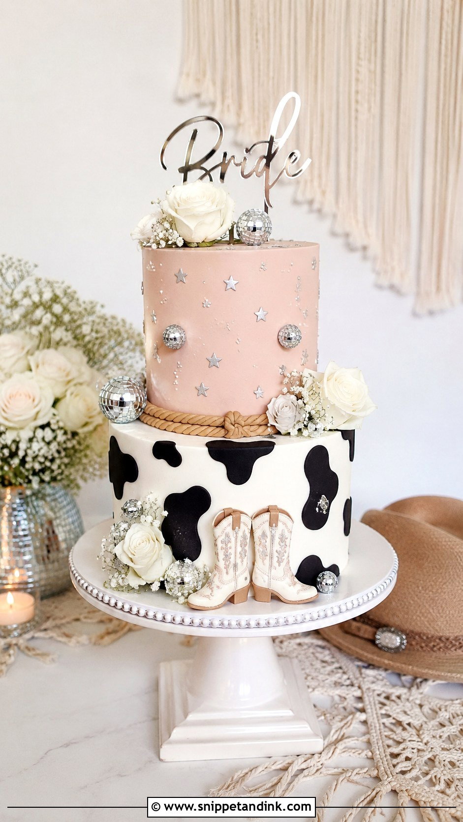 Two Tier Disco Cowgirl Cake - Snippet and Ink - 25 Disco Cowgirl Bachelorette Cake Ideas for Wedding