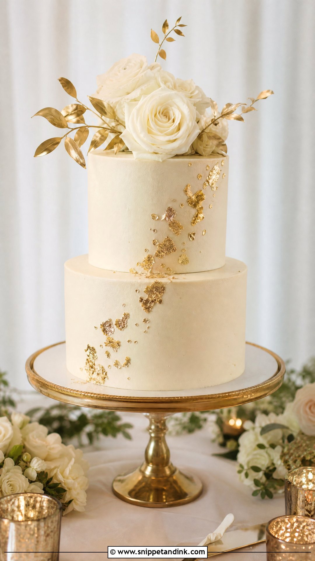 Two Tier Gold Leaf Wedding Cake - Snippet and Ink - 20 Simple Two Tier Wedding Cake Ideas