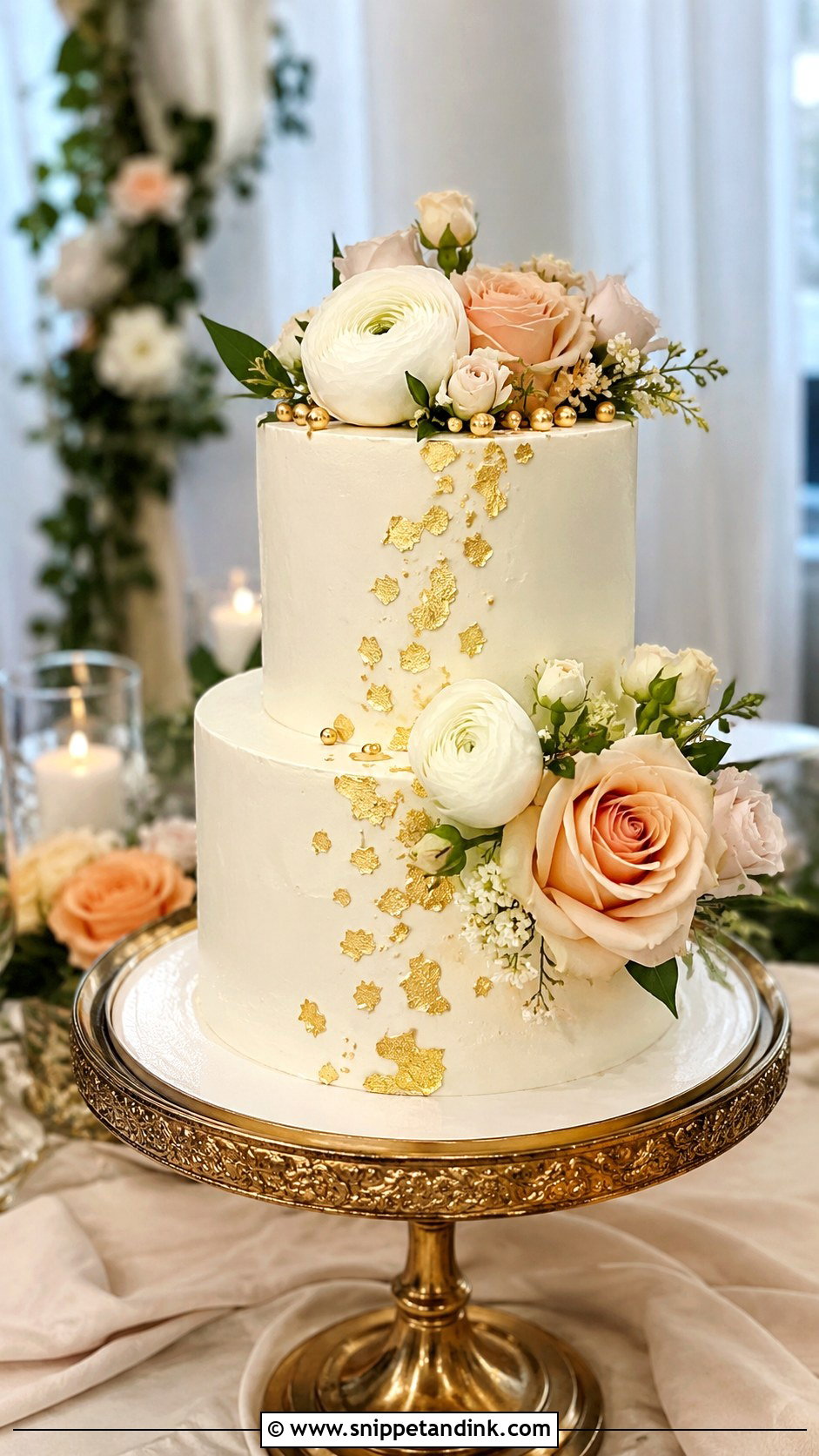 Two Tier Gold Wedding Cake - Snippet and Ink - 20 Cake Ideas with Gold for Wedding