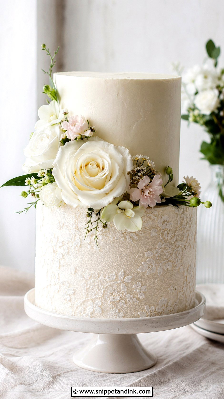 Two Tier Lace Wedding Cake With Flowers - Snippet and Ink - 25 Lace Wedding Cake Ideas with Flowers