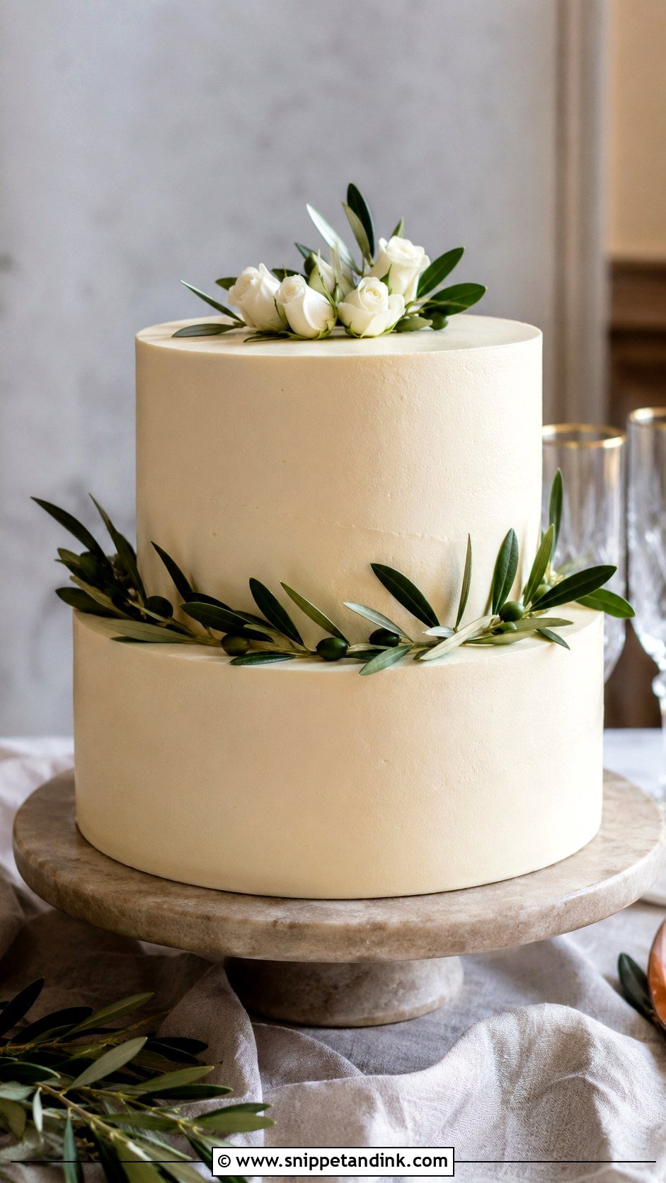 Two Tier Olive Leaf Wedding Cake - Snippet and Ink - 35 Olive Leaf Wedding Cake Ideas