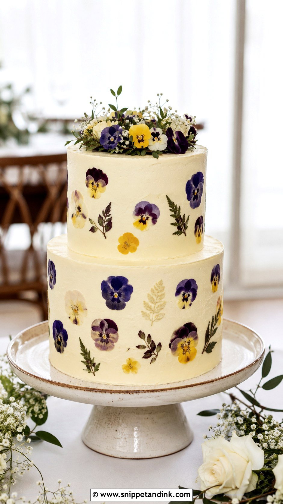Two Tier Pansy Wedding Cake - Snippet and Ink - 20 Pansy Wedding Cake Ideas