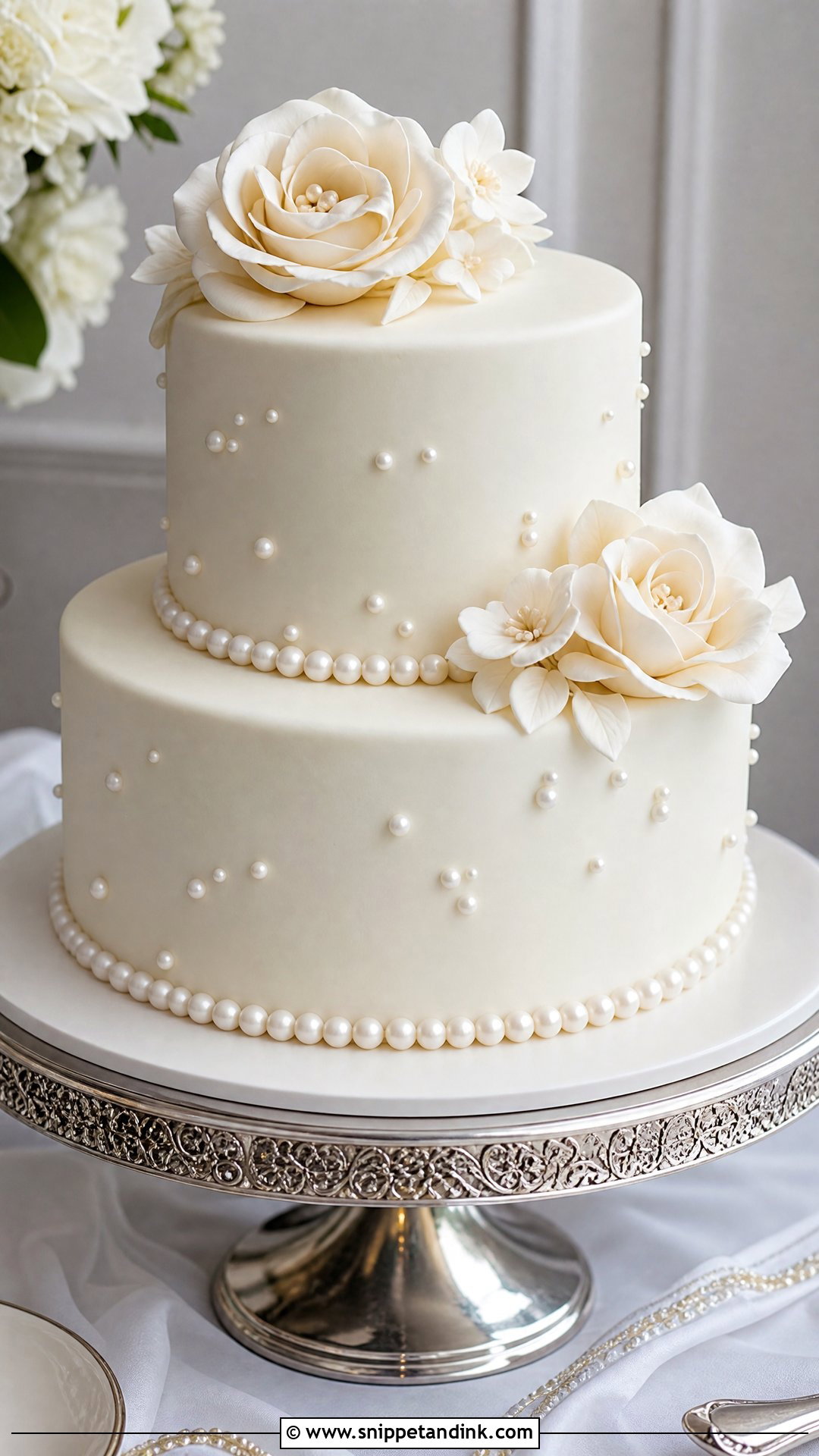 Two Tier Pearl Wedding Cake - Snippet and Ink - 25 Double Tier Cake Design Ideas for Wedding