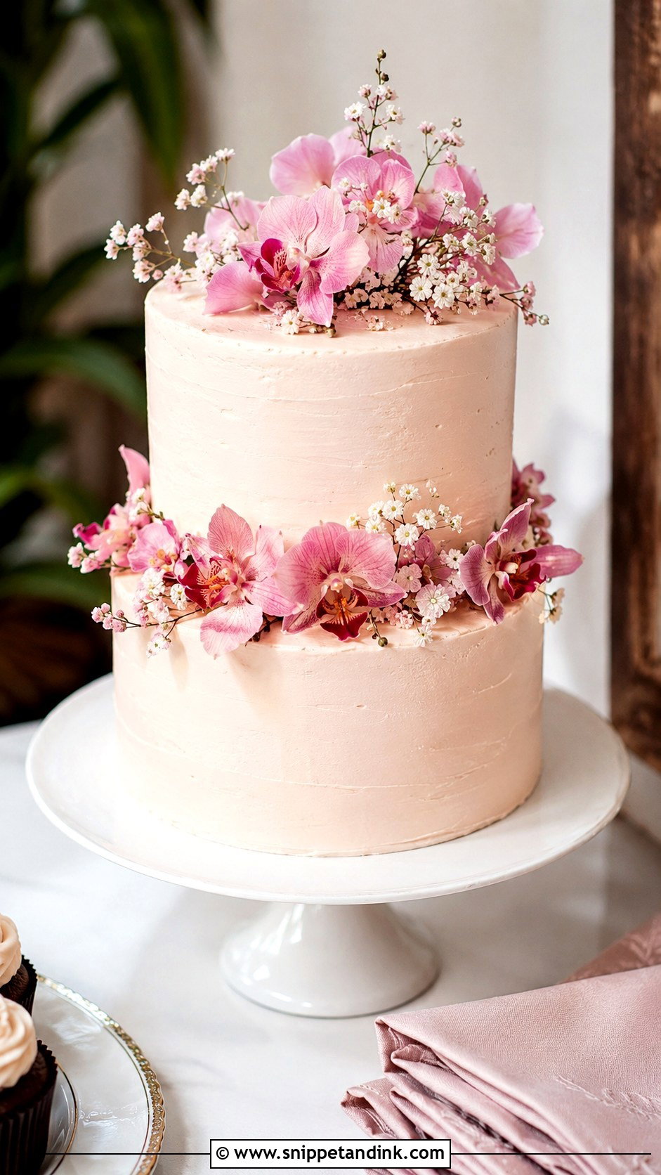Two Tier Pink Orchid Wedding Cake - Snippet and Ink - 35 Pink Orchid Wedding Cake Ideas