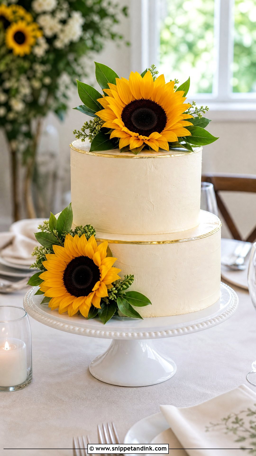 Two Tier Sunflower Wedding Cake - Snippet and Ink - 20 Sunflower Themed Cake Ideas for Wedding