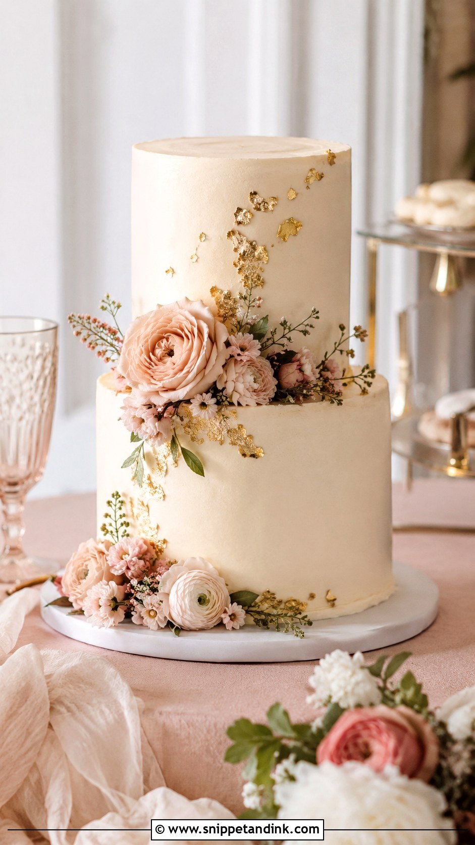Two Tier Wedding Cake With Blush Flowers - Snippet and Ink - 25 Two Tiered Wedding Cake Ideas with Flowers
