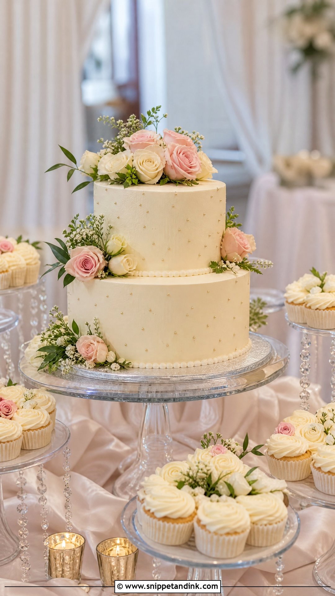 Two Tier Wedding Cake With Cupcakes - Snippet and Ink - 20 Wedding Cakes with Cupcakes