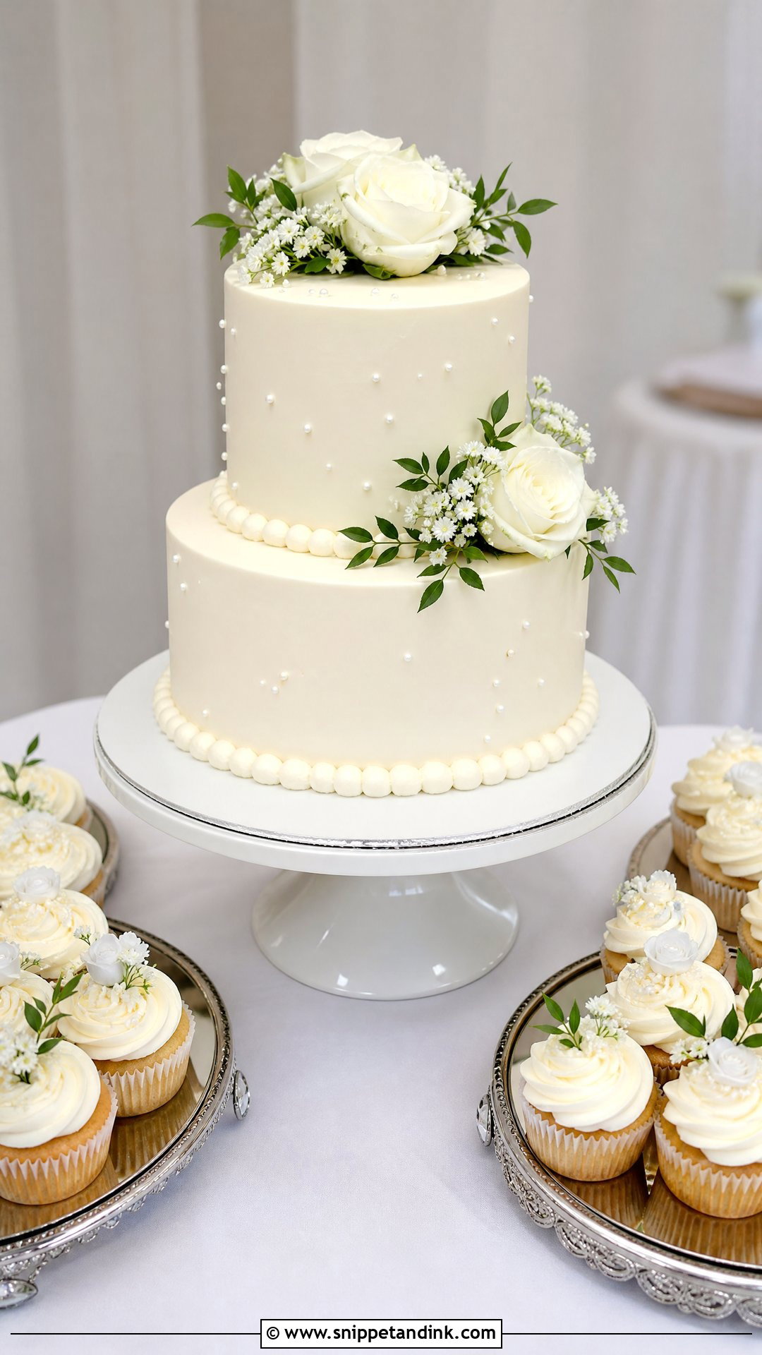 Two Tier Wedding Cake With Cupcakes - Snippet and Ink - 20 Wedding Cake and Cupcake Display