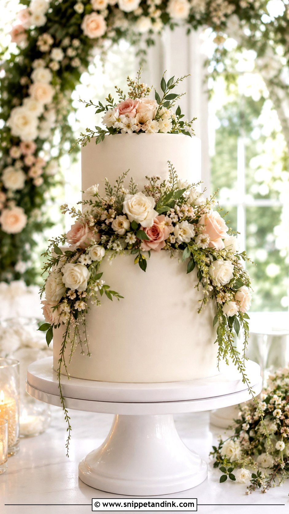 Two Tier Wedding Cake With Floral Arch - Snippet and Ink - 25 Two Tiered Wedding Cake Ideas with Flowers