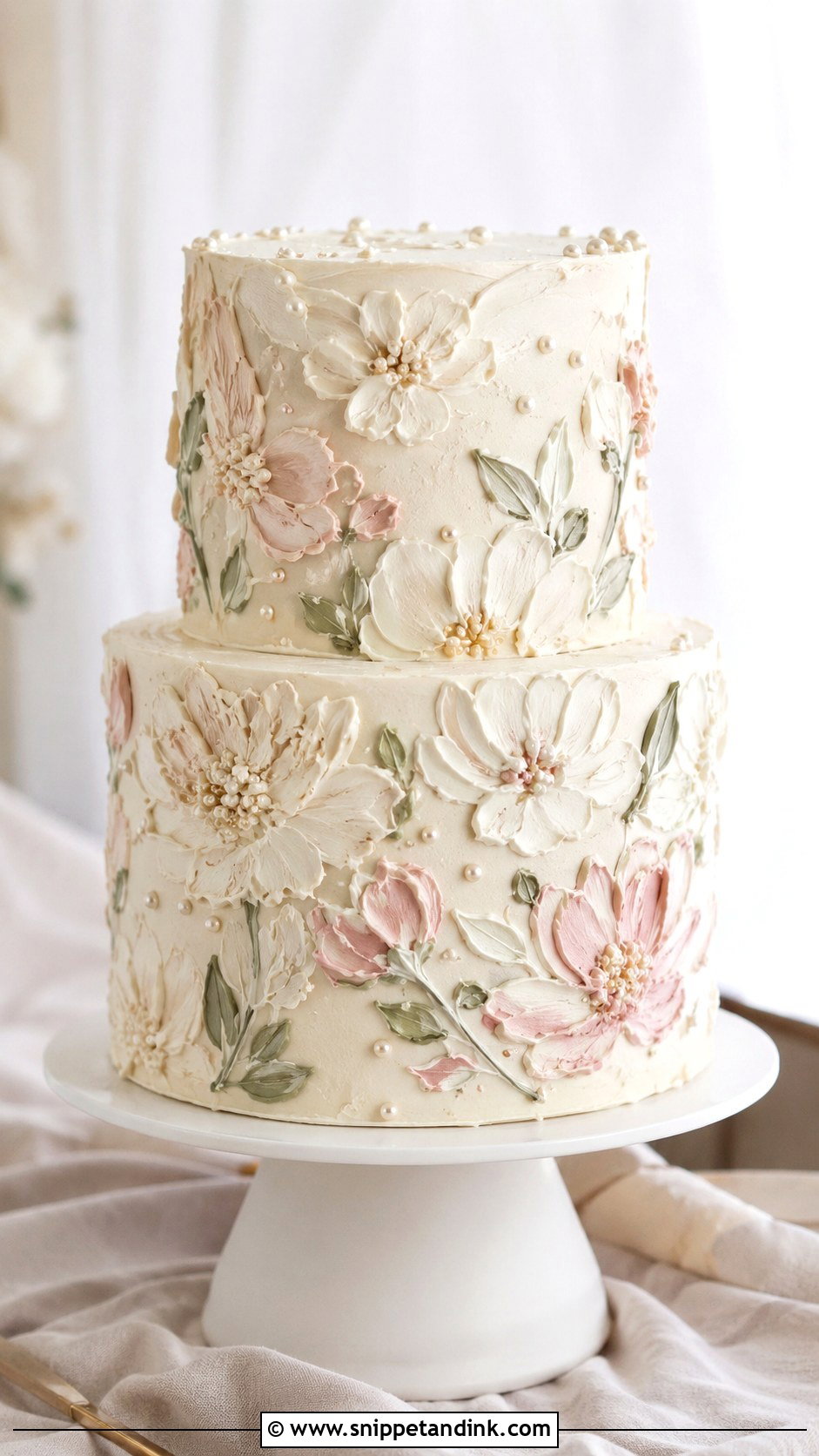 Two Tier Wedding Cake With Floral Buttercream Texture - Snippet and Ink - 25 Two Tiered Wedding Cake Ideas with Flowers